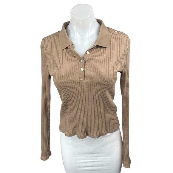 Zara Women Tan Long Sleeve Ribbed Knit Polo Pullover Henley Sweater Top Size M - Picture 1 of 4